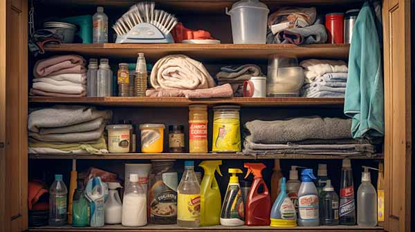 shelves full of old cleaning supplies